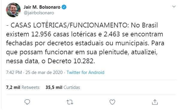 Bolsonaro libera funcionamento de lotéricas durante quarentenas por coronavírus