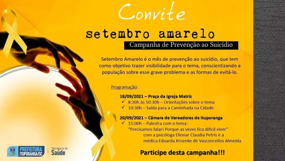 Caminhada alusiva ao movimento Setembro Amarelo será realizada em Ituporanga neste sábado (18)