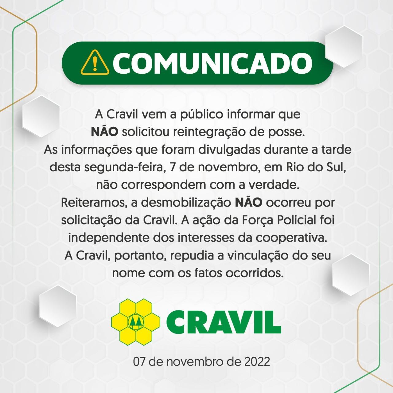 Cravil emite nota de repúdio depois de ser acusada de pedir interferência da polícia em manifestação em Rio do Sul