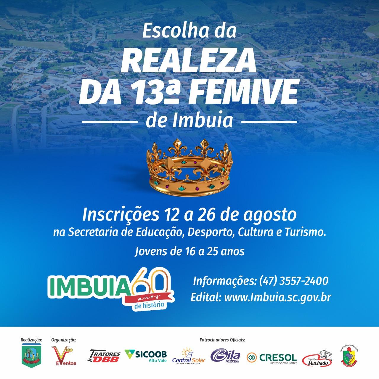 Encerram-se nesta sexta-feira (26) inscrições para candidatas a rainha da FEMIVE no município de Imbuia