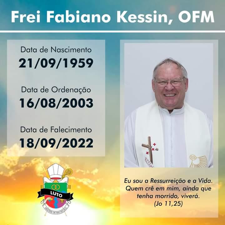 Morre aos 62 anos Frei Fabiano, vigário da Paróquia Santo Estevão