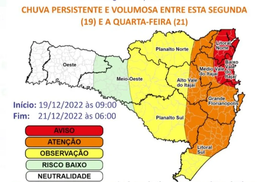 Mapa mostra regiões com maior risco de estragos por causa das chuvas - Foto: Defesa Civil/Divulgação
