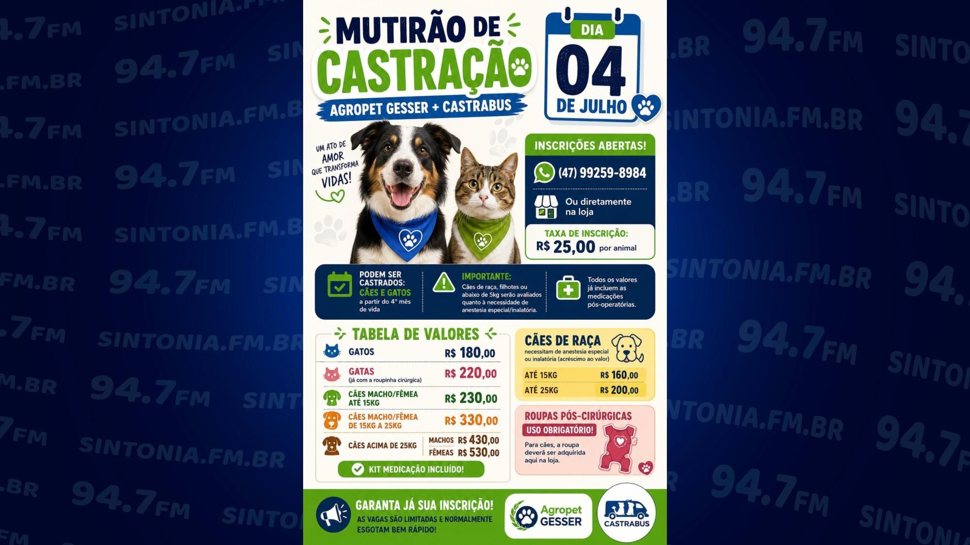 Agropet Gesser promove mutirão de castração no dia 4 de julho em Ituporanga