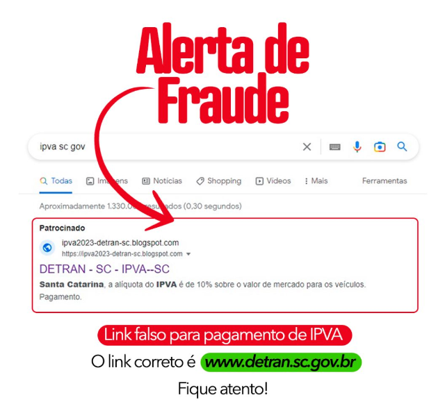 ATENÇÃO: Detran de Santa Catarina alerta para site falso que oferece desconto no IPVA para pagamento via PIX