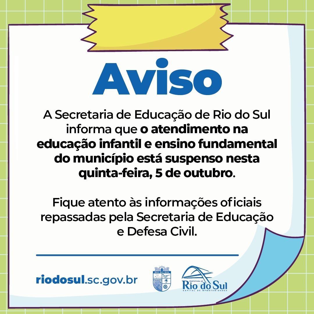 Aulas da rede municipal de ensino em Rio do Sul são suspensas nesta quinta-feira (05)