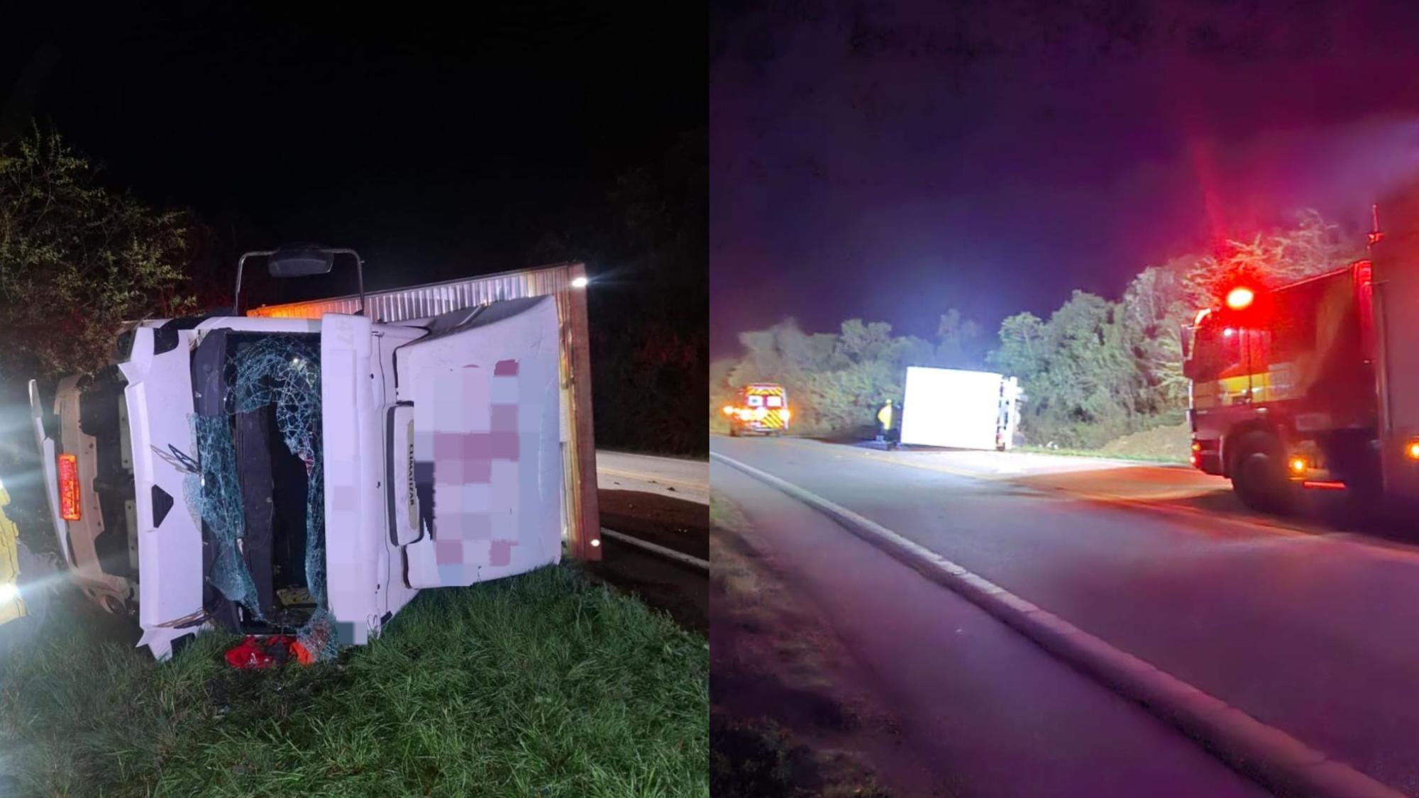 Caminhão tomba na madrugada desta sexta-feira (21) em Alfredo Wagner