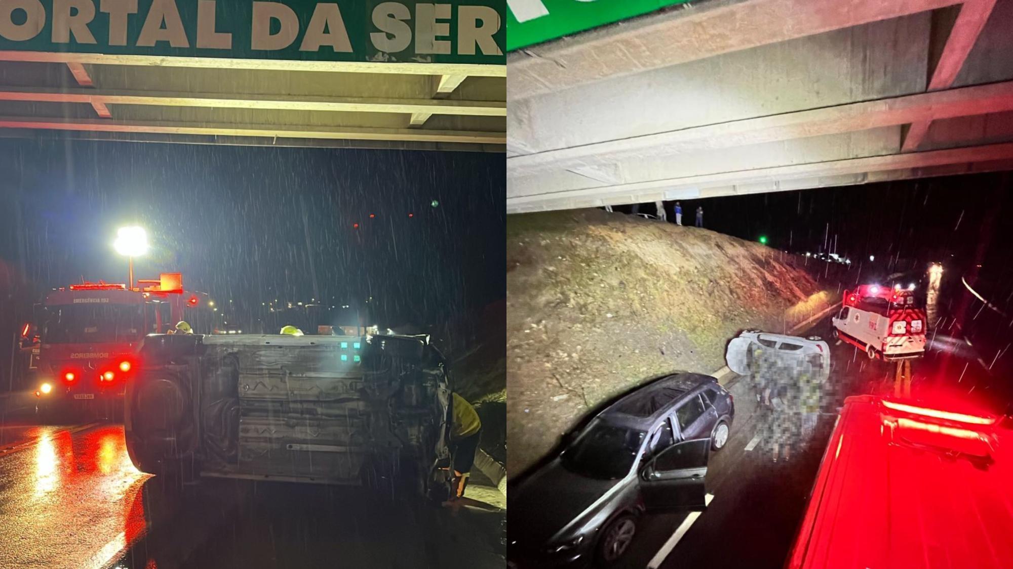 Carro capota em trevo da BR-282 e motorista é resgatado pelo porta-malas em Bom Retiro