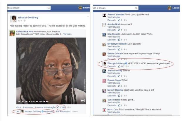 Atriz e comediante Whoopi Goldberg elogia artista plástico de Ituporanga no Facebook