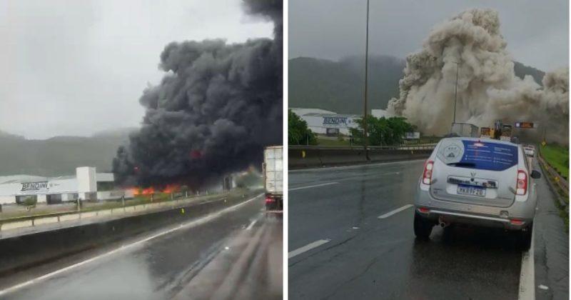 CHUVA: Reação de produtos químicos com água, causa incêndio com chamas e fumaça tóxicas que se propagam pela BR-101 no Litoral Norte