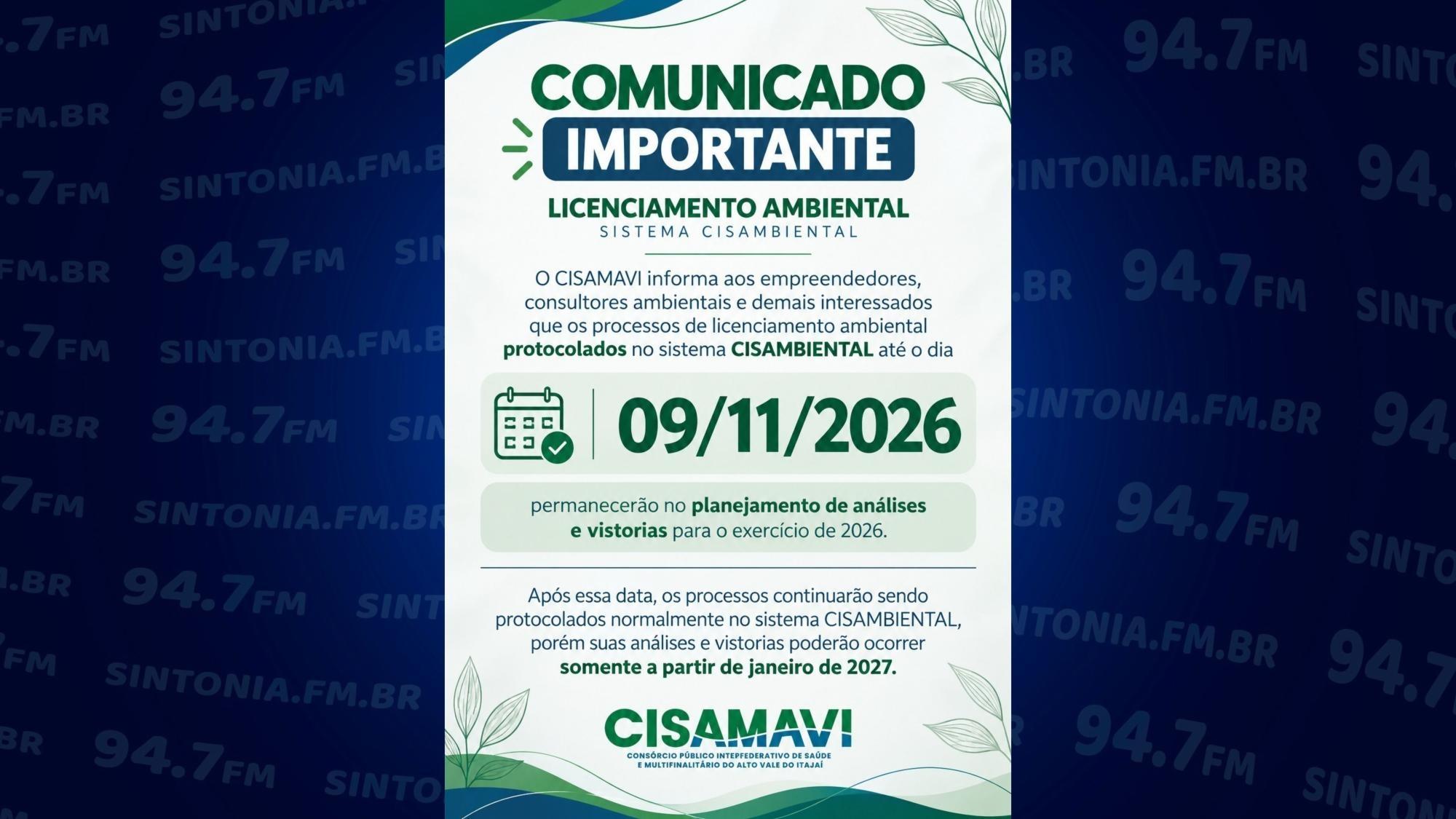CISAMAVI estabelece prazo até 9 de novembro para inclusão de processos ambientais nas análises de 2026