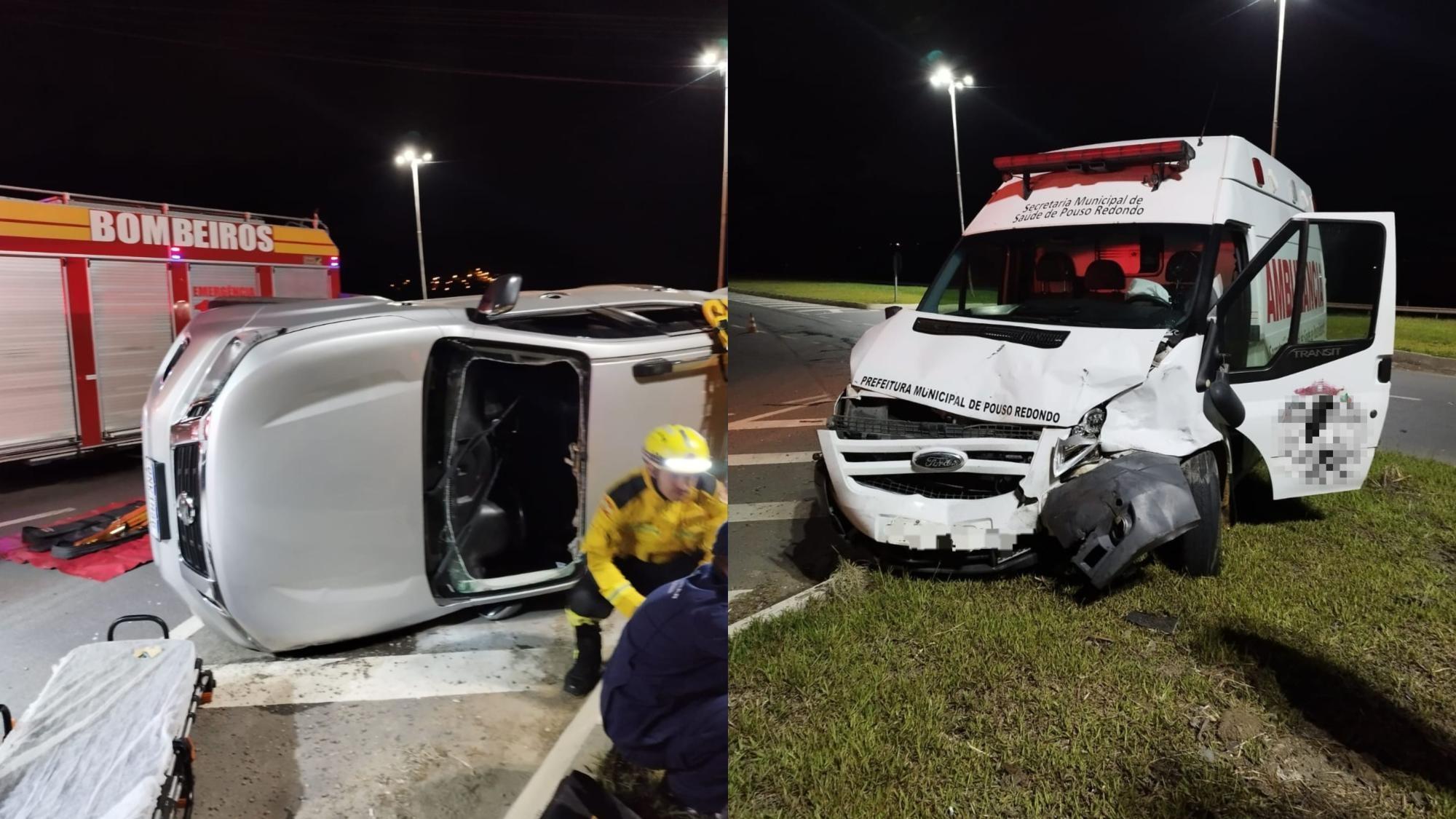 Colisão entre caminhonete e ambulância termina com tombamento na BR-470 em Rio do Sul