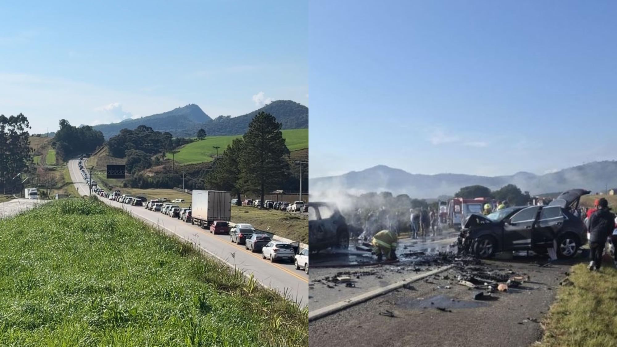 Colisão frontal com incêndio interdita totalmente a BR-282 em Bom Retiro