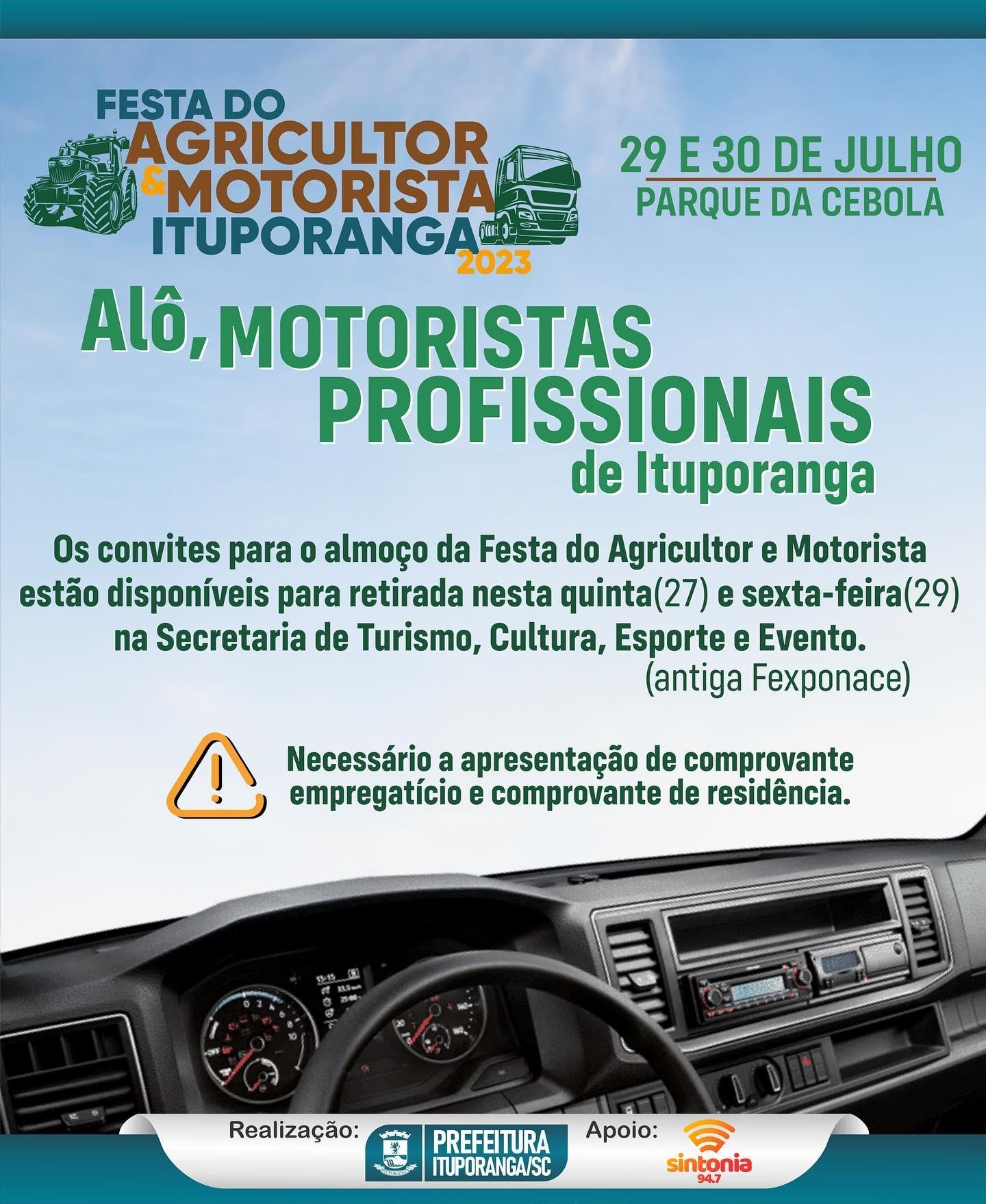 Agricultores e motoristas serão agraciados com almoço gratuito durante festa em Ituporanga