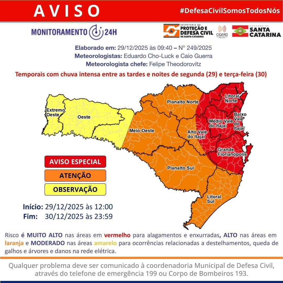 Defesa Civil emite alerta vermelho para temporais e chuva intensa no Alto Vale