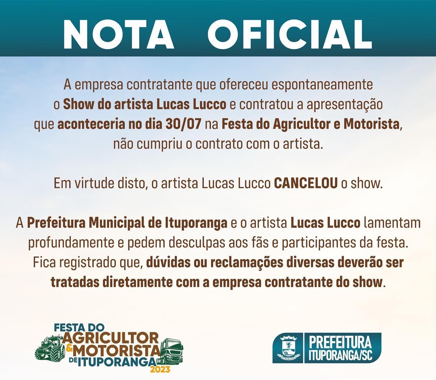 Empresa não cumpre acordo e Lucas Lucco não estará na festa do agricultor e motorista em Ituporanga