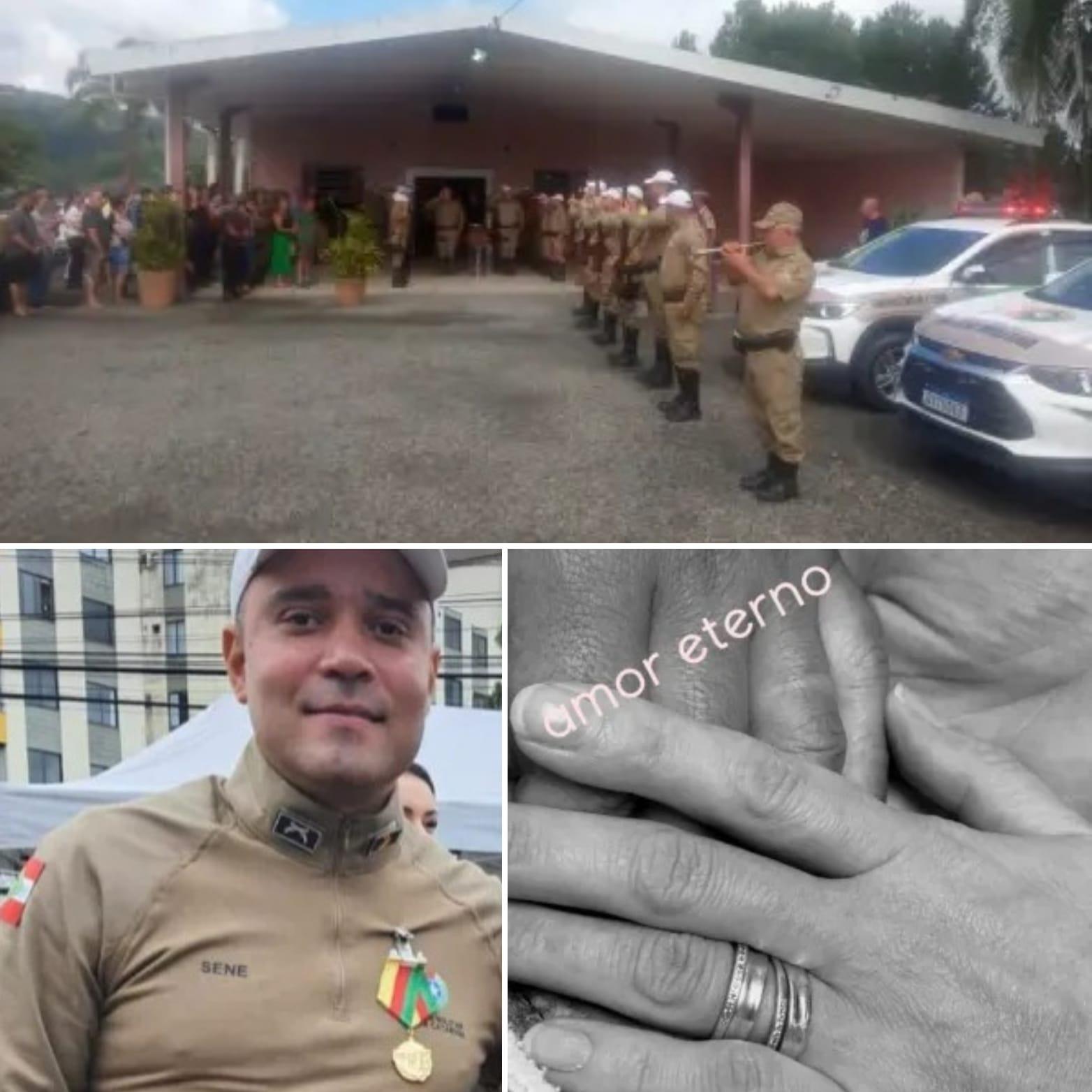 Viaturas tem giroflex ligado e militares prestam continência em homenagem póstuma ao policial que morreu em serviço