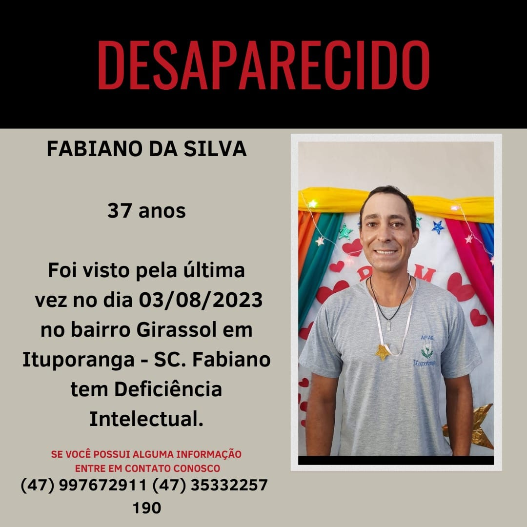 Força-tarefa busca encontrar o ituporanguense Fabiano da Silva que foi visto pela última vez na quinta-feira (03)