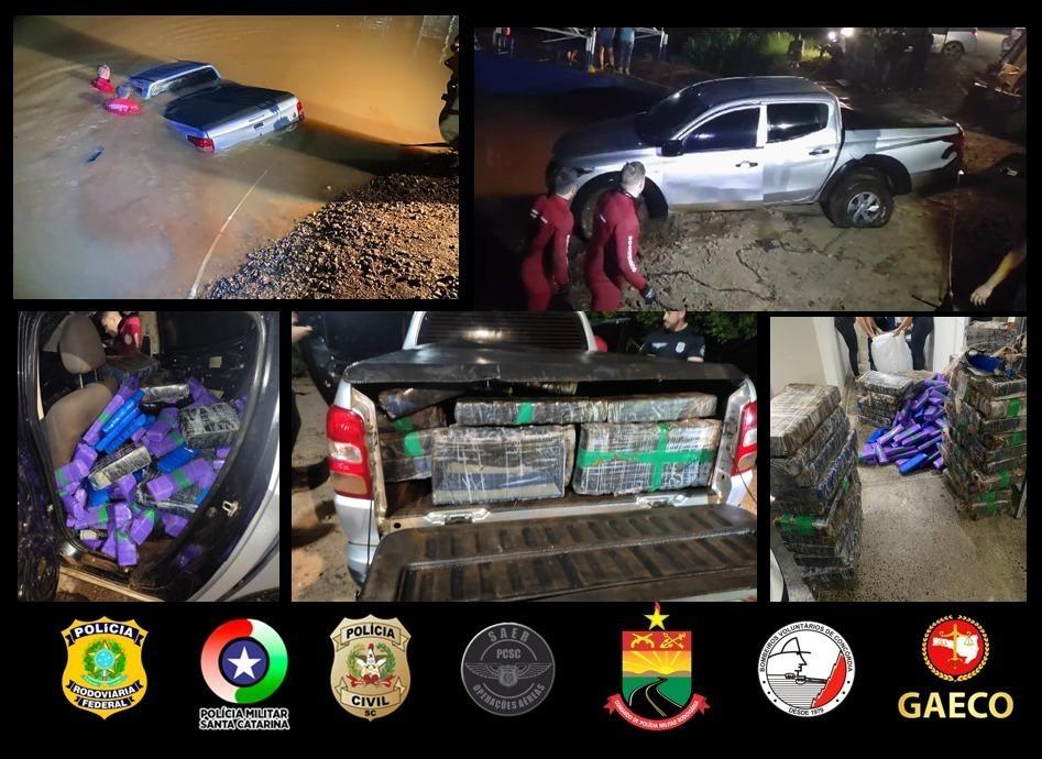 Homem tenta fugir e joga picape carregada com maconha no rio 