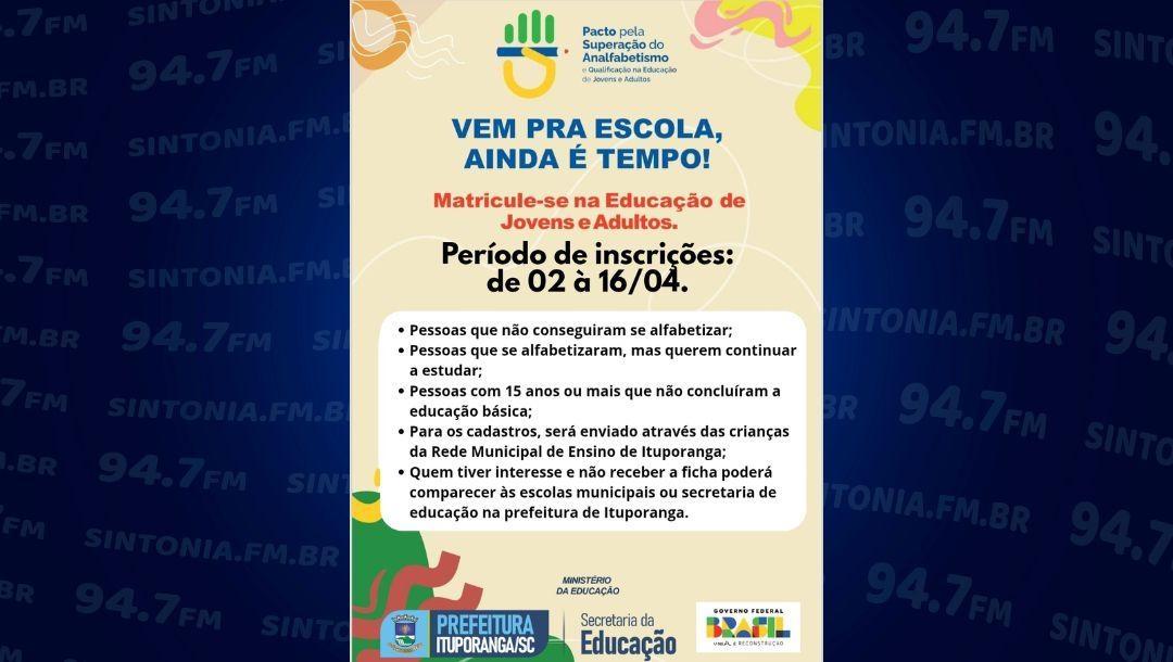 Ituporanga abre inscrições para alfabetização de jovens e adultos