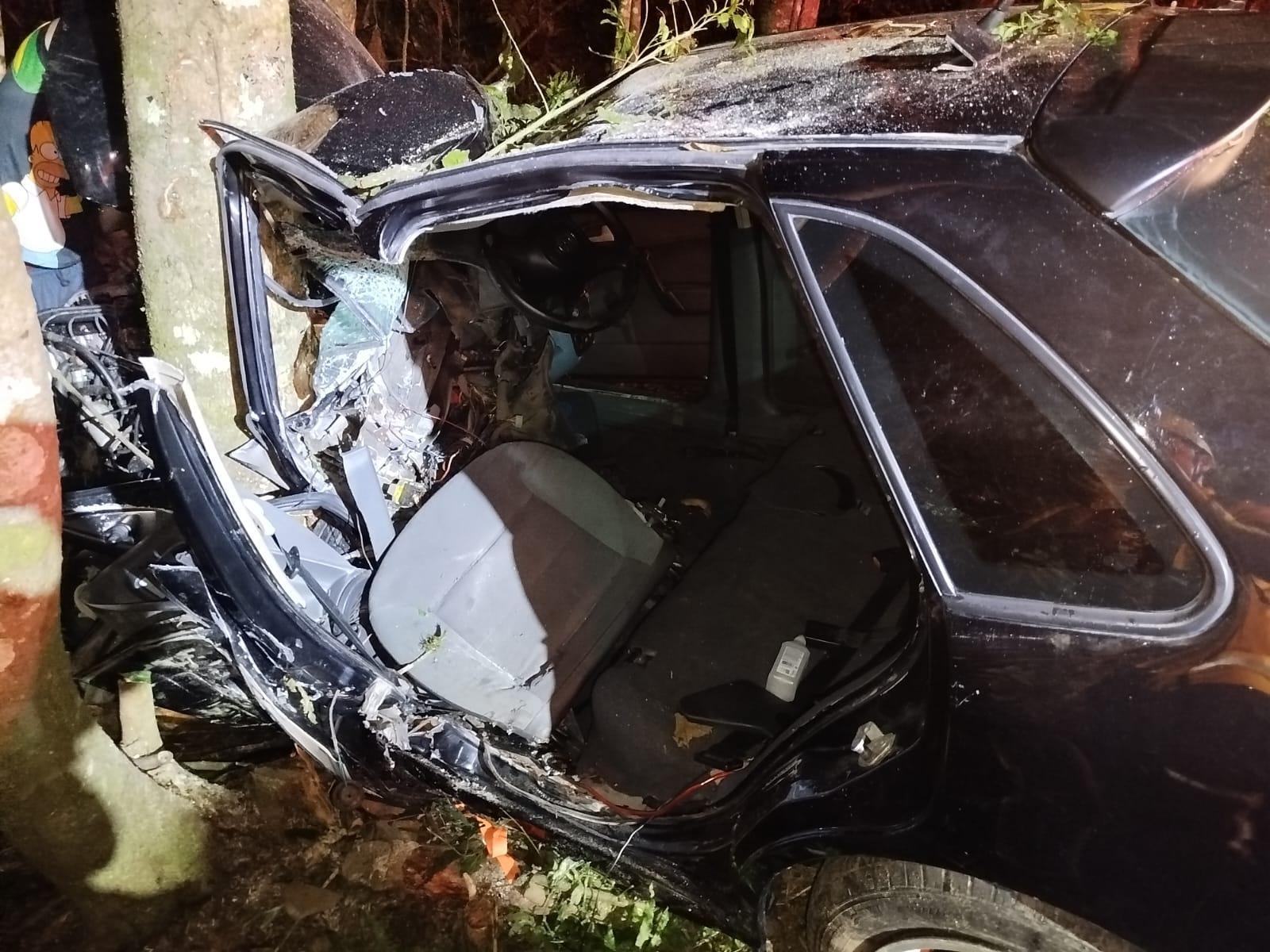 Jovem fica preso às ferragens após carro atingir árvore na SC-350