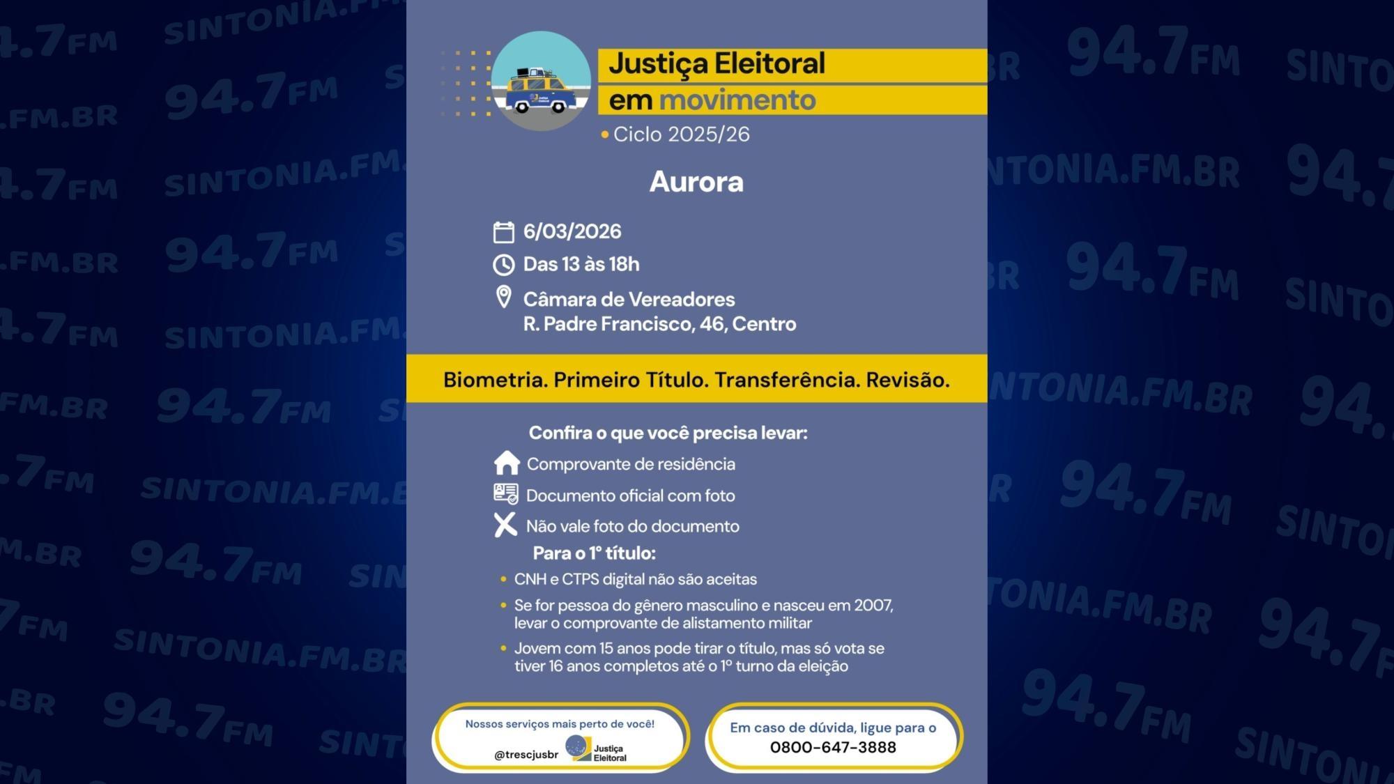 Justiça Eleitoral leva atendimentos para Aurora no dia 6 de março