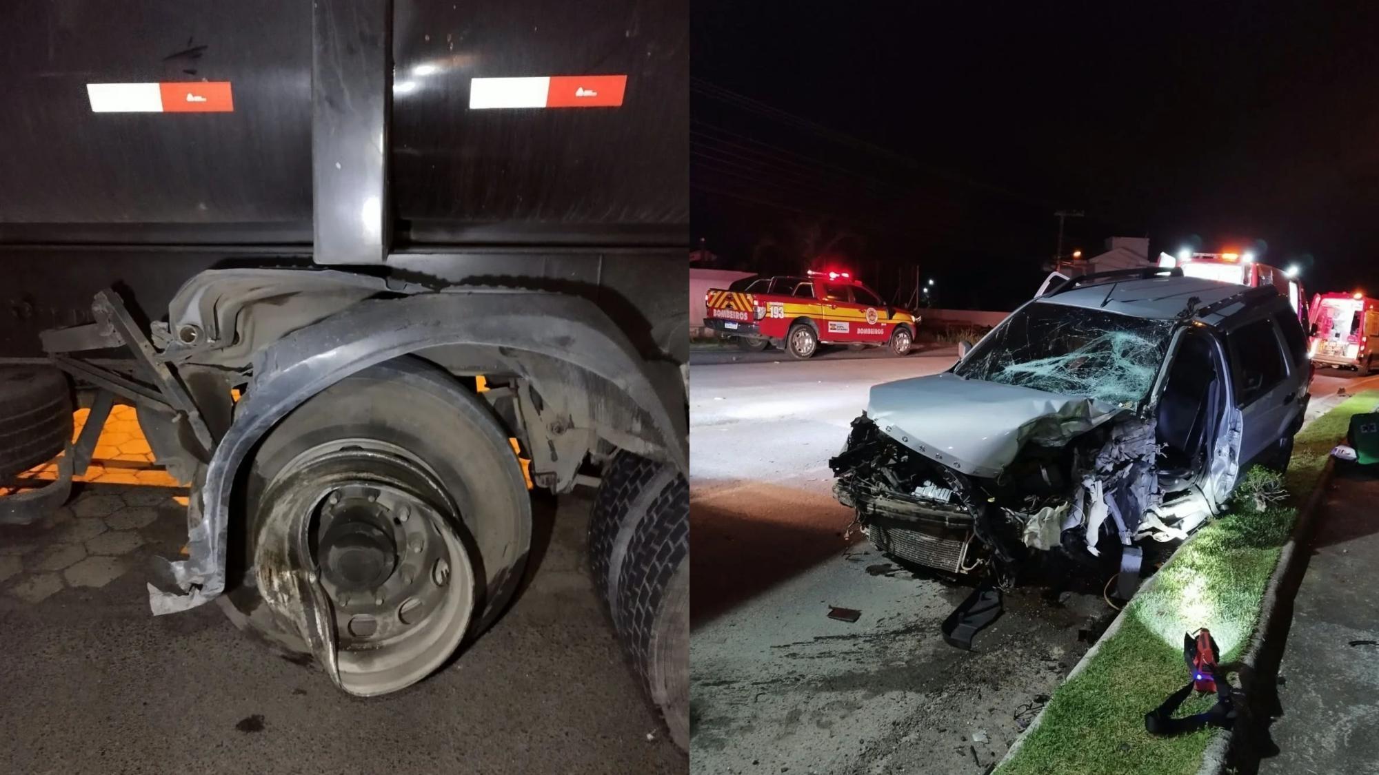 Motorista fica preso às ferragens após colisão entre carro e carreta em Aurora