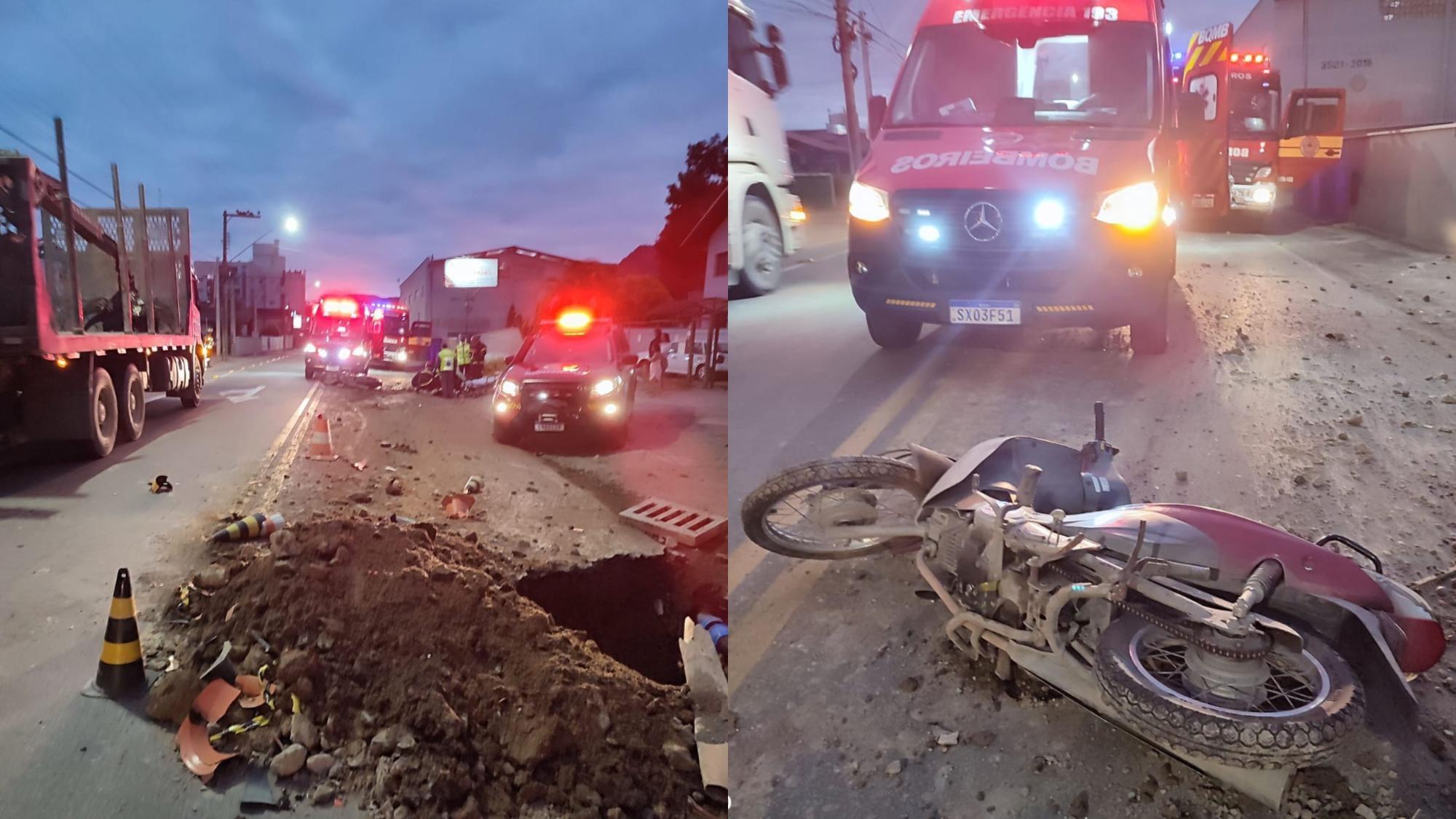 Mulher fica gravemente ferida após queda de motocicleta dentro de buraco