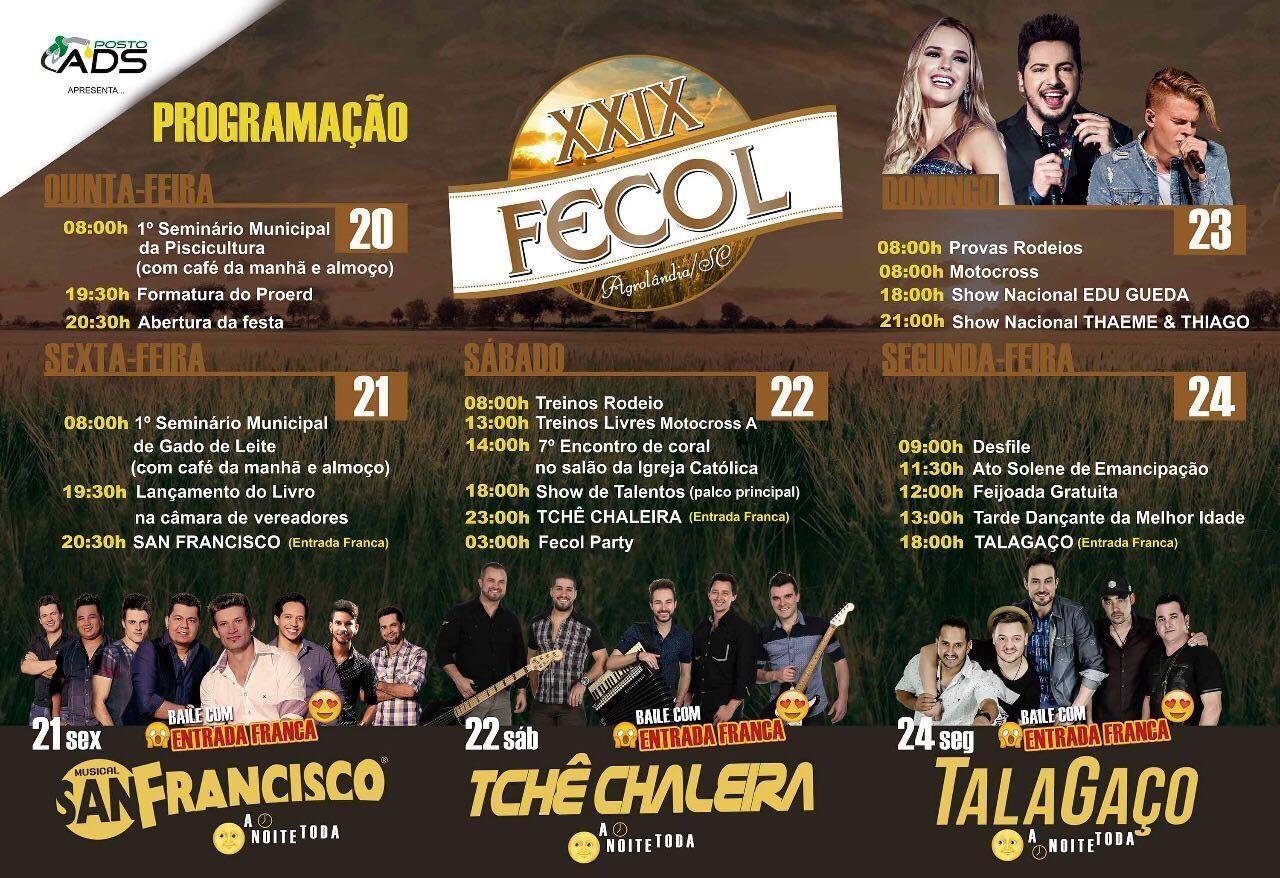 FECOL: Festa da Colheita terá entrada gratuita todos os dias do evento, em Agrolândia 