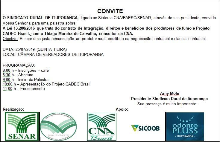 Palestra sobre direitos do fumicultor vai ser realizada em Ituporanga