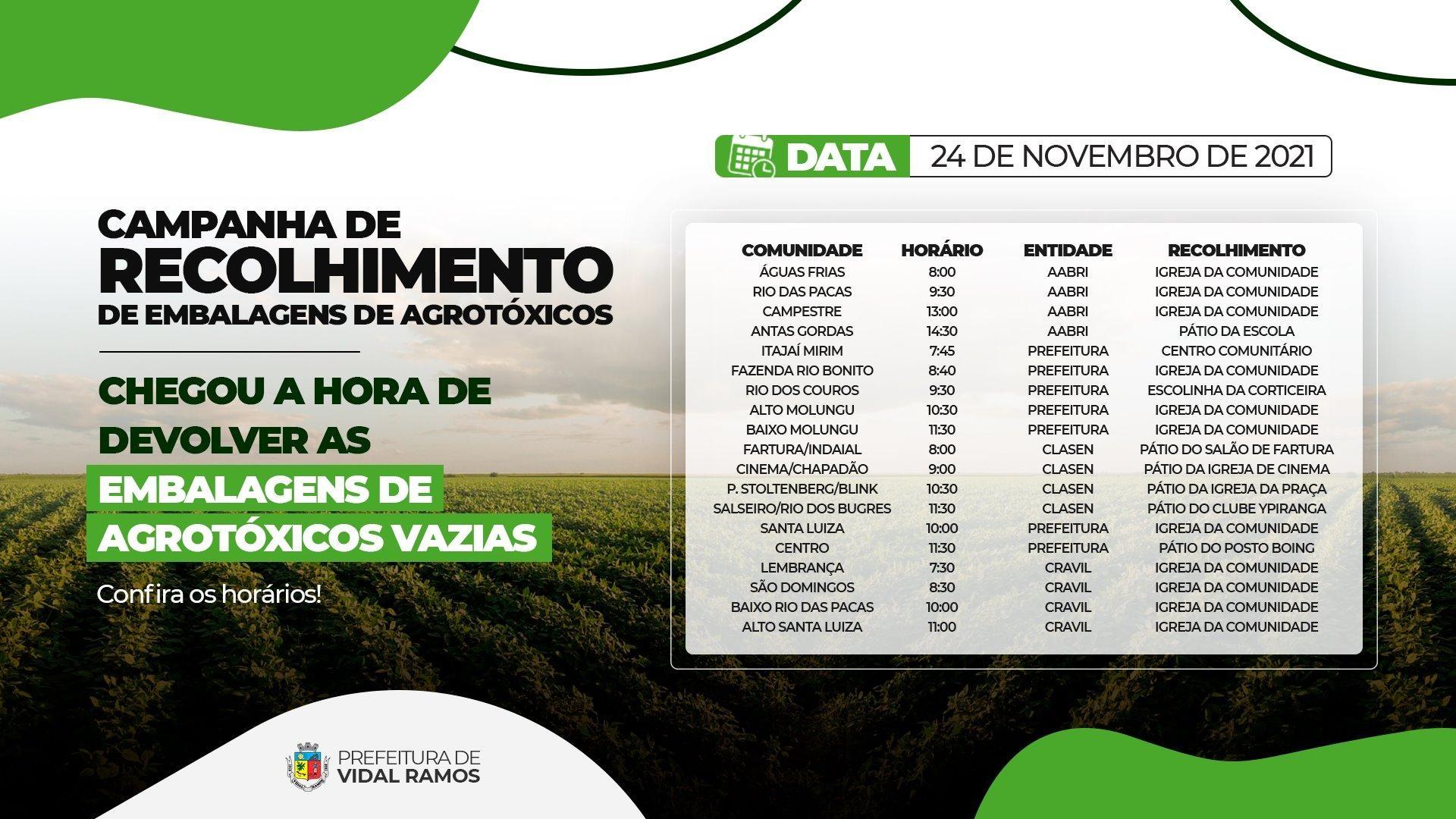 Prefeito de Vidal Ramos divulga cronograma do recolhimento de embalagens vazias de agrotóxicos