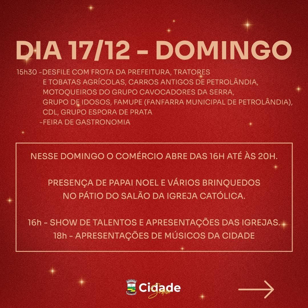 Programação do Natal da Esperança segue neste domingo (17) em Petrolândia