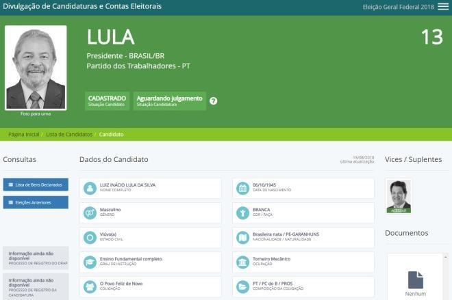 PT registra candidatura de Lula e tem até 17 de setembro para trocar candidato