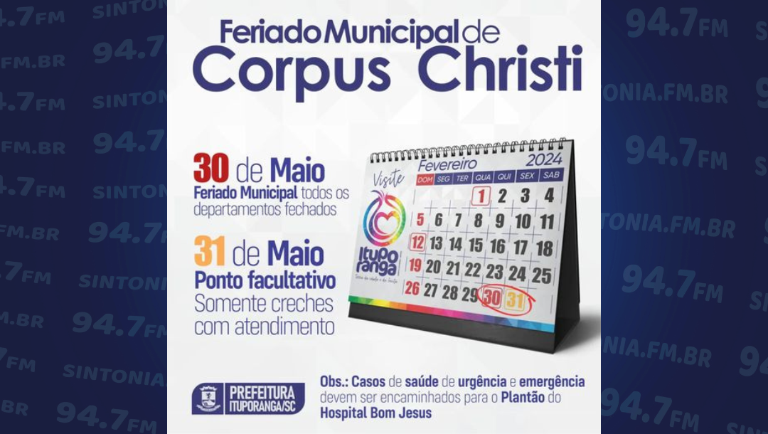 Saiba como ficam os serviços públicos municipais durante o feriado de Corpus Christi
