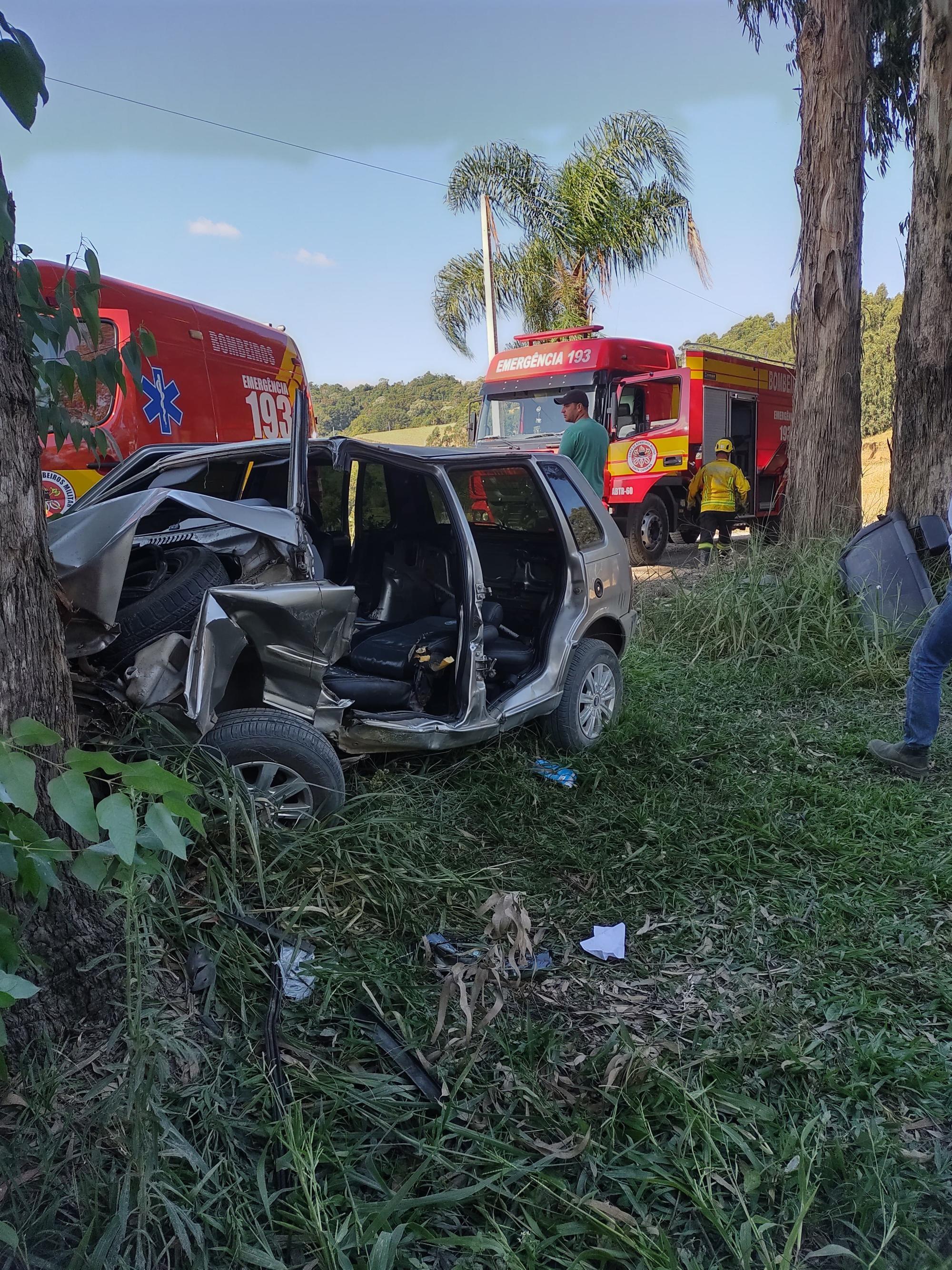 Saída de pista seguida de colisão deixa motorista ferida em Chapadão do Lageado