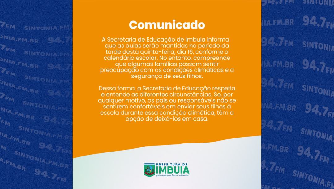 Aulas serão mantidas nesta quinta-feira (16) em Imbuia