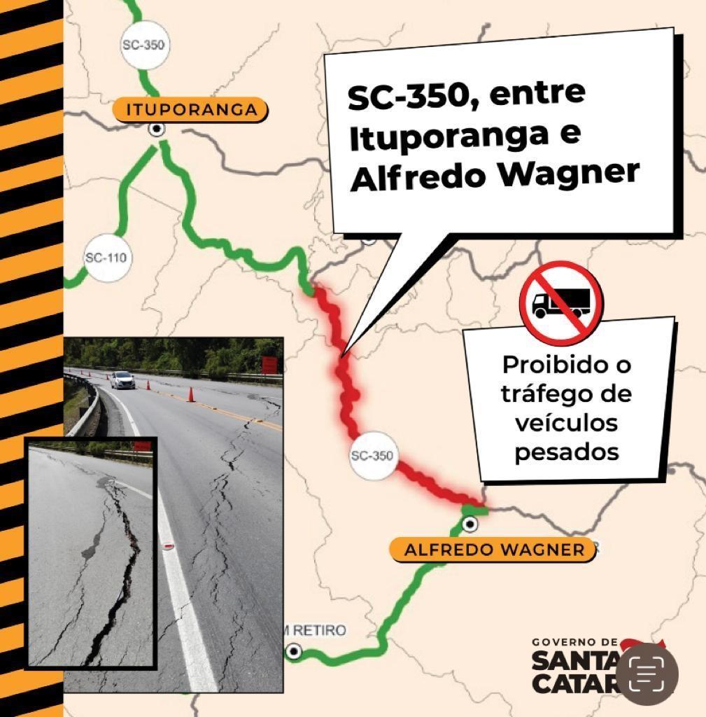 Tráfego de veículos pesados está proibido na SC-350, entre Ituporanga e Alfredo Wagner; veículos leves ainda podem passar