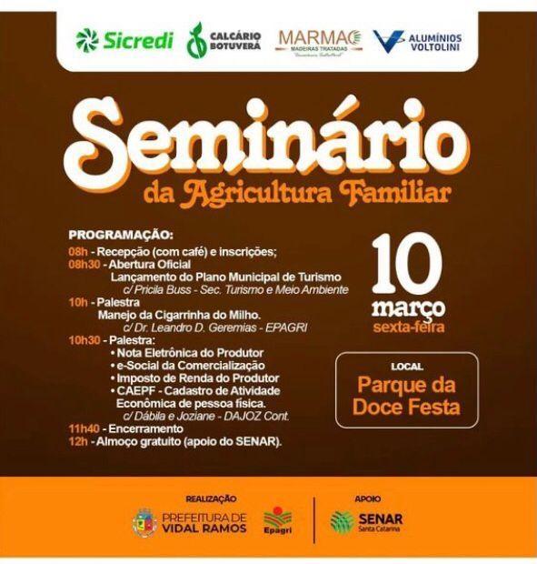 Seminário da agricultura será realizado dentro da Doce Festa em Vidal Ramos