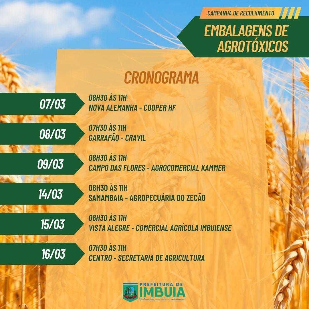 Tem início amanhã (7) nova campanha de recolhimento de embalagens vazias de agrotóxicos em Imbuia