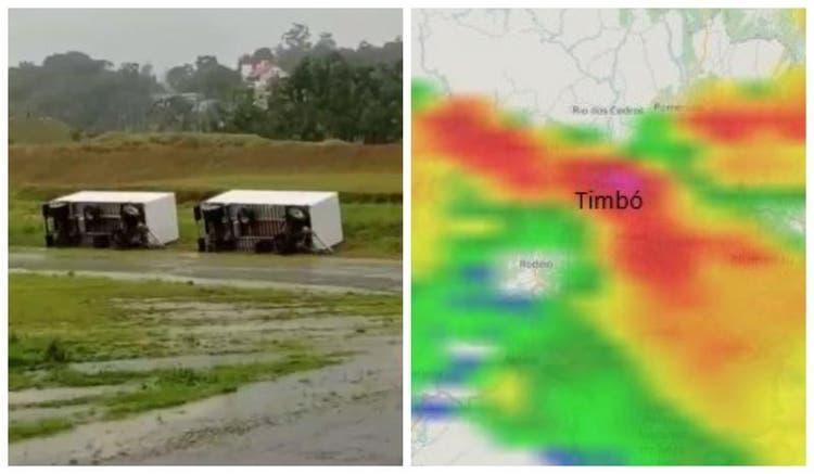 Tornado é confirmado em Timbó e Defesa Civil aponta ventos de 100km/h