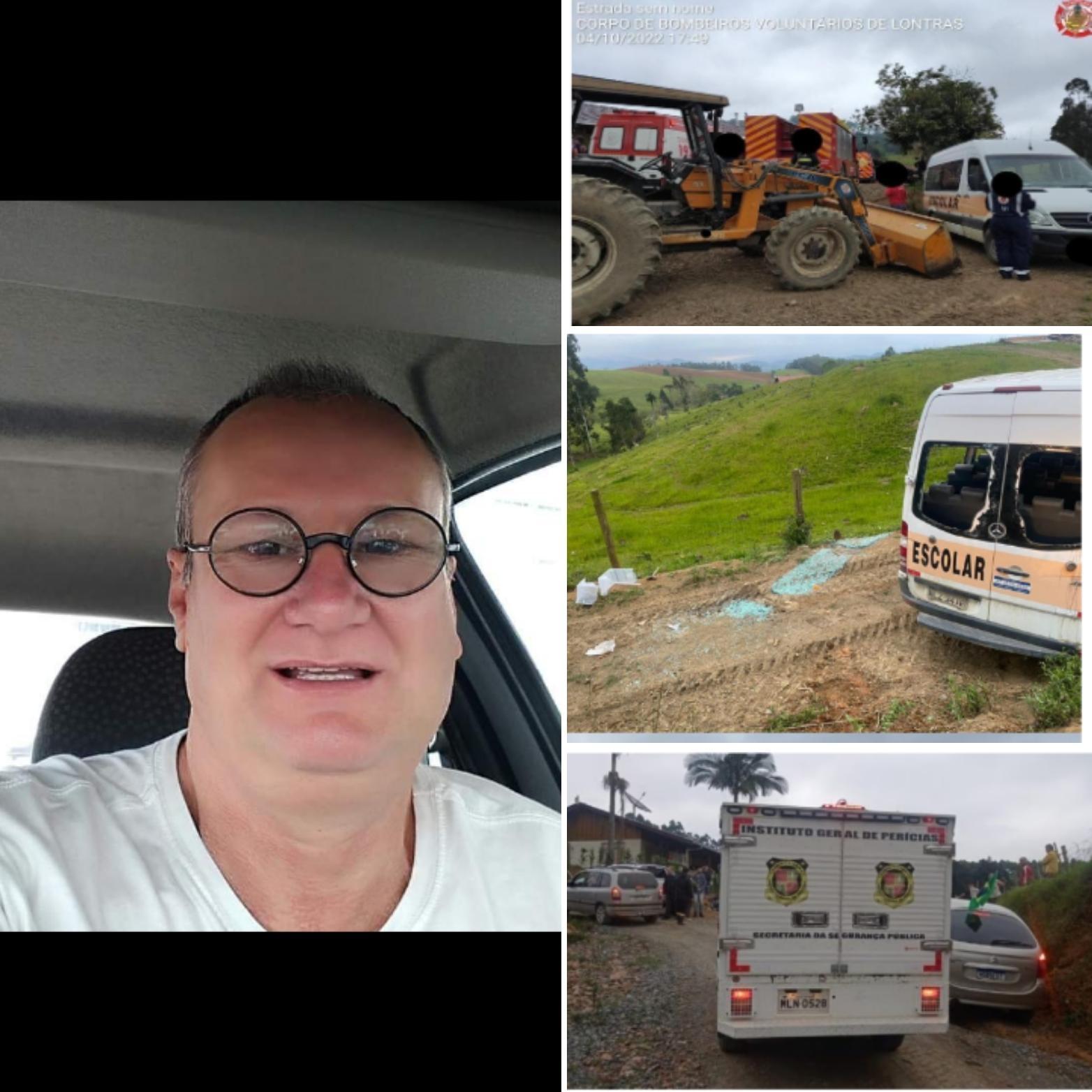 Tragédia em Lontras: van escolar tomba contra barranco e motorista morre prensado