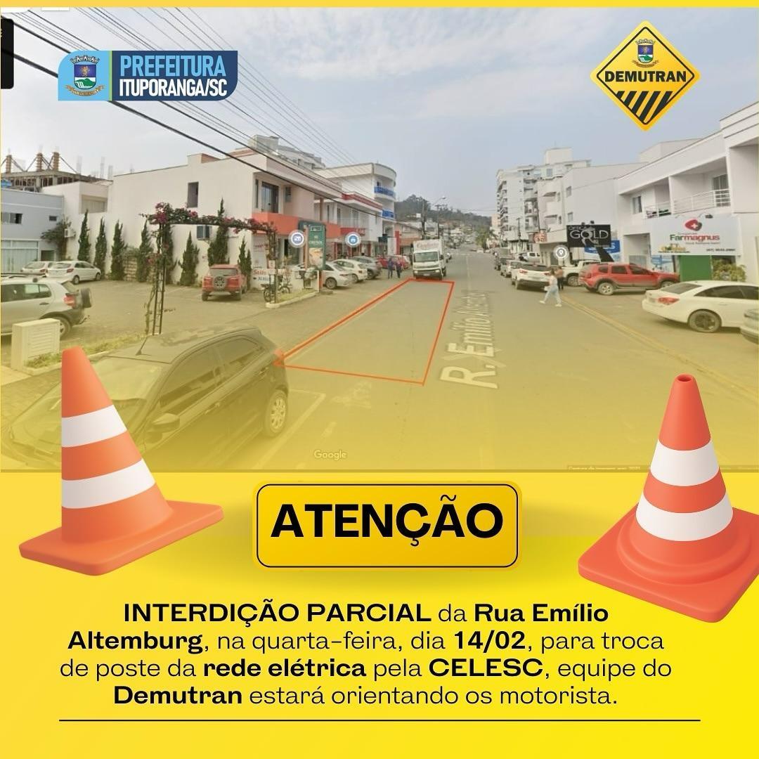 Trânsito será parcialmente interditado na rua Emílio Altemburg em Ituporanga
