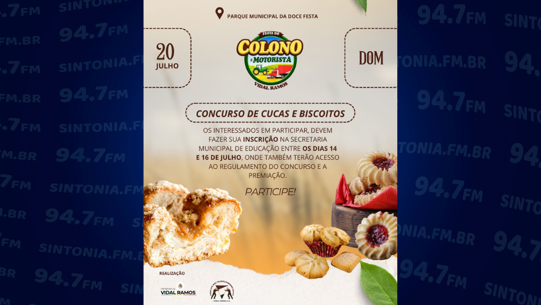Vidal Ramos prepara Festa do Colono e Motorista com concurso de cuca e biscoito